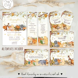 Ensemble classique modifiable pour baby shower Winnie l'ourson n° 16 : invitation, carte de remerciement, tombola de couches, demande de livre, 2 signets automne 0001.11