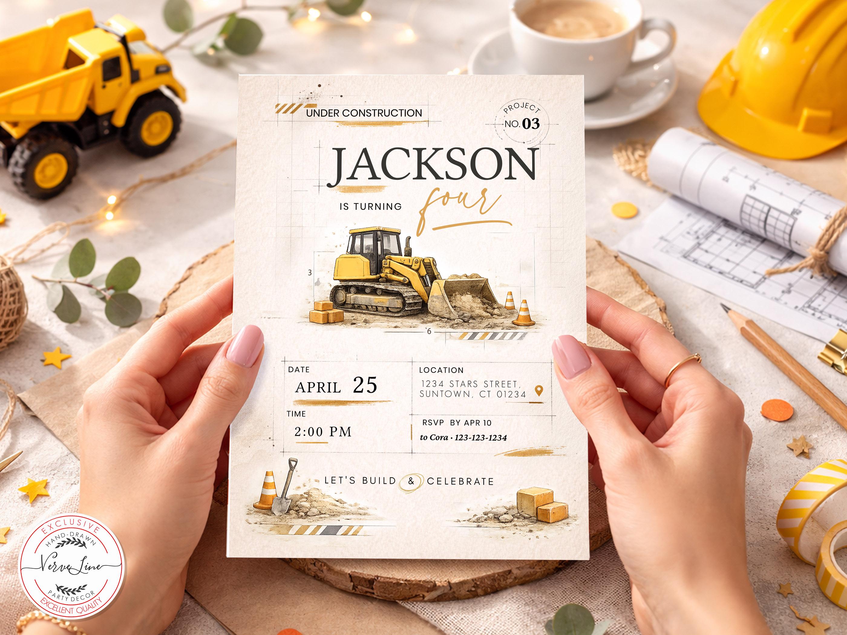 Editable Modern Construction Birthday Invitation | Under Construction ...