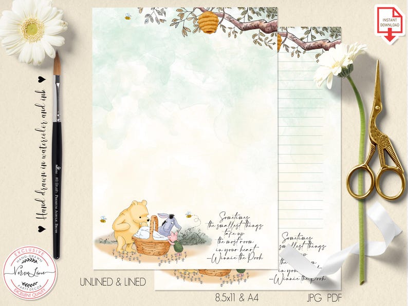 Classic Winnie the Pooh Printable Stationery Lined Unlined Paper ...
