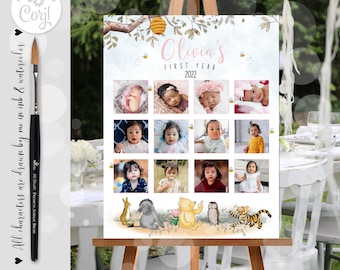 Editable Photo Collage 1st Year Girl Classic Winnie the Pooh  Hundred Acre Wood Design 0001