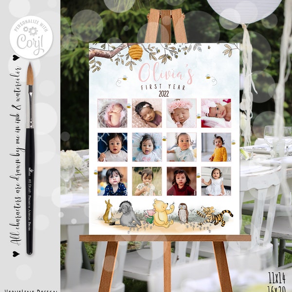 Editable Photo Collage 1st Year Girl Classic Winnie the Pooh  Hundred Acre Wood Design 0001