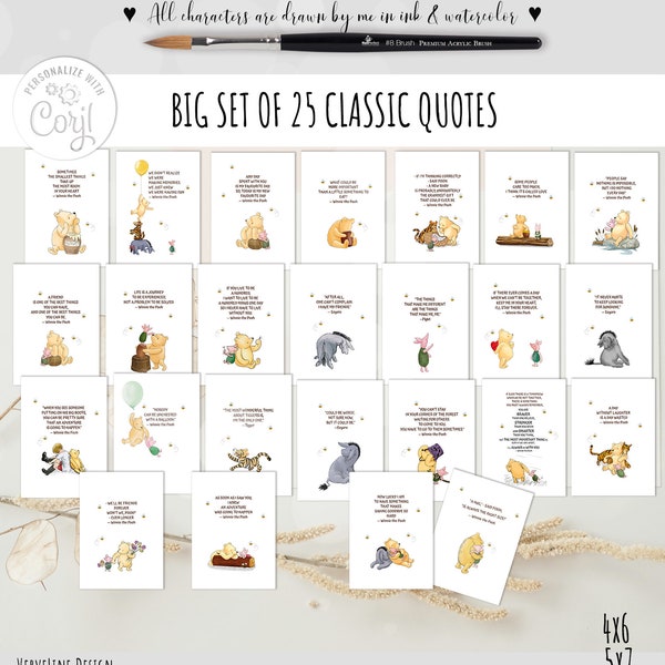 BIG Set of 25 Editable Classic Winnie the Pooh Quote Baby Shower | Birthday Party décor (banner, card, garland, etc) Set #8-3 4x6 5x7 0001