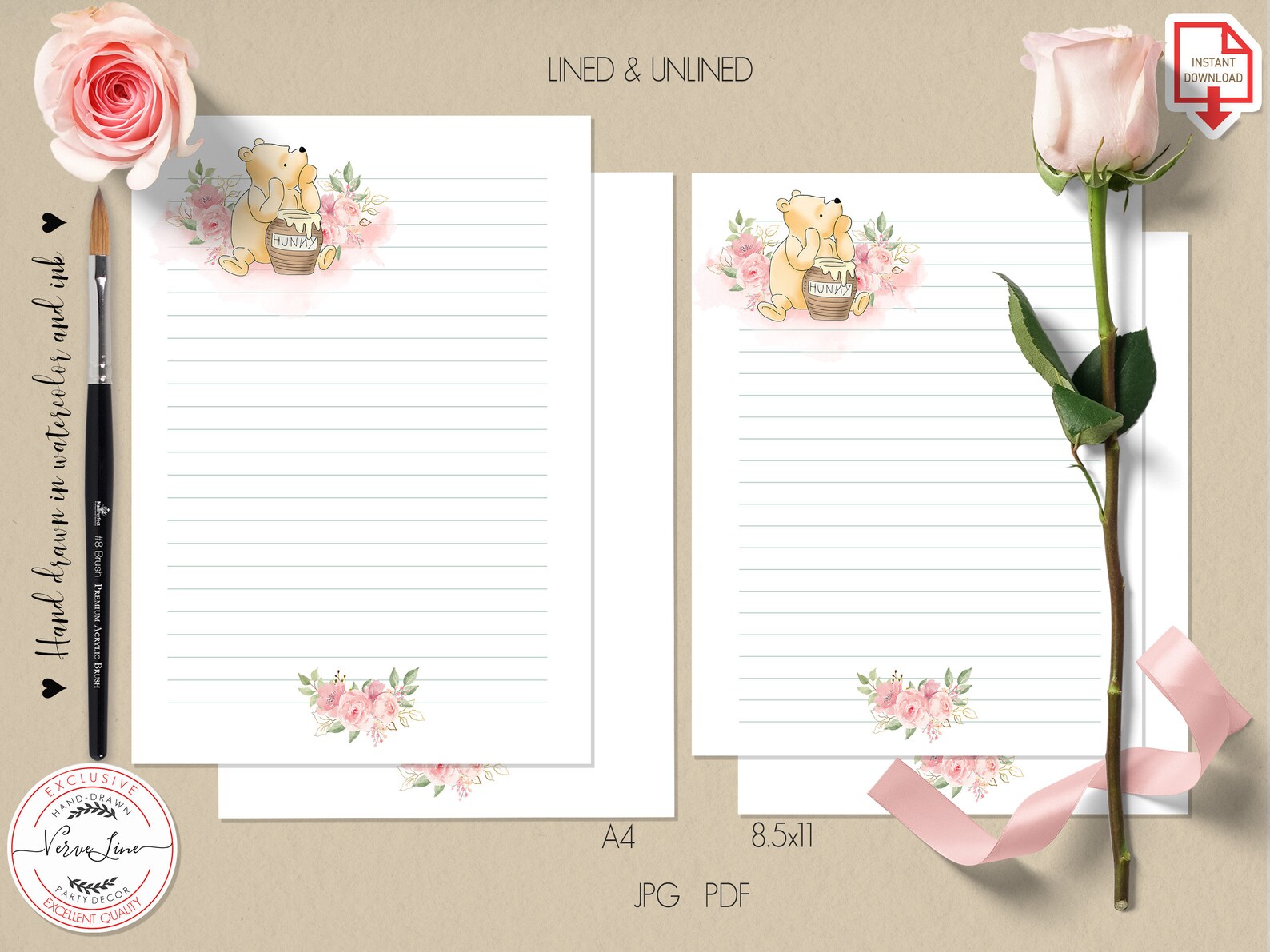 Classic Winnie the Pooh Printable Stationery Lined Unlined Paper ...