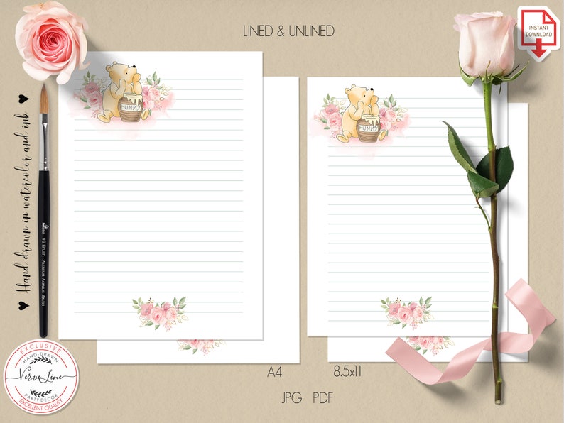 Classic Winnie the Pooh Printable Stationery Lined Unlined Paper ...