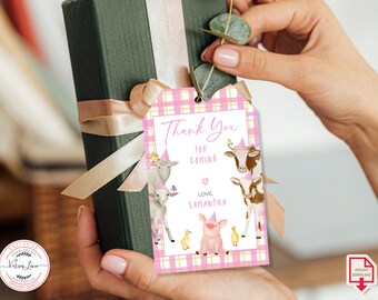 Editable Favor tags Farm Animals Barnyard  Birthday Girl Thank you Tag Watercolor Pink Design Digital Download Template Corjl 0032