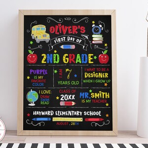 Editable First Day Of School Kindergarten Elementary School Sign 1st day Back to School Chalkboard Printable poster Digital Download 0036