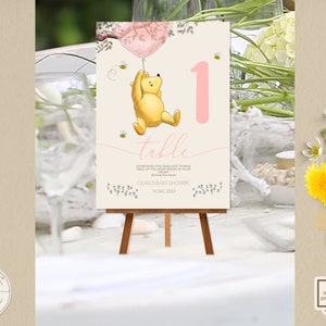 Numéro de table modifiable pour une fête d'anniversaire ou une fête d'anniversaire sur le thème rose de Winnie l'ourson | Design doux | TÉLÉCHARGEMENT NUMÉRIQUE 0001S