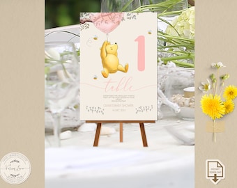 Editable Table Number for a Classic Winnie the Pooh Pink Themed Baby Shower or Birthday Party Girl |Sweet Design | DIGITAL DOWNLOAD 0001S