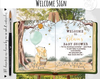 Editable Welcome sign Classic Winnie the Pooh Open Book Baby Shower Birthday Boy Girl Hundred Acre Wood Green Balloon Template #39G 0001 HAW
