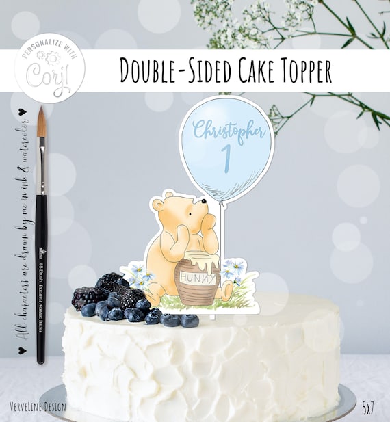 Editable Cake Topper Classic Winnie the Pooh with blue balloon Birthday Boy ANY Age Party Decor Centerpiece, Sublimation PNG 0001.3 BB 1