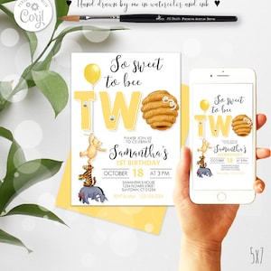 Invitation modifiable Deuxième anniversaire de Winnie l'ourson | Garçon Fille Motif jaune ruche 0001 POURQUOI