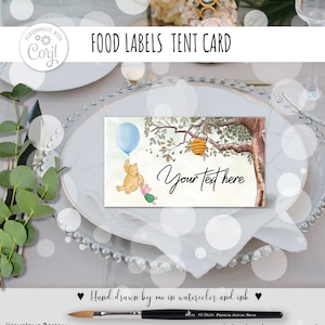 Etichetta alimentare modificabile Winnie the Pooh Biglietto di compleanno/baby shower Palloncino blu Cielo vintage Design tenda Hundred Acre Wood Scarica 0001 HAW