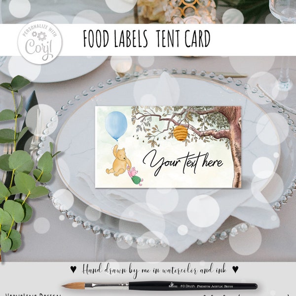 Editable Food Label Winnie the Pooh Card Birthday| Baby Shower Blue balloon Vintage Sky Hundred Acre Wood Design Tent Card download 0001 HAW