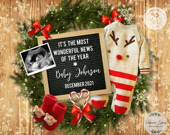 Editable Winter Pregnancy Announcement for Social Media, Xmas news, New Year Baby Deer December DIGITAL FORMAT Corjl template