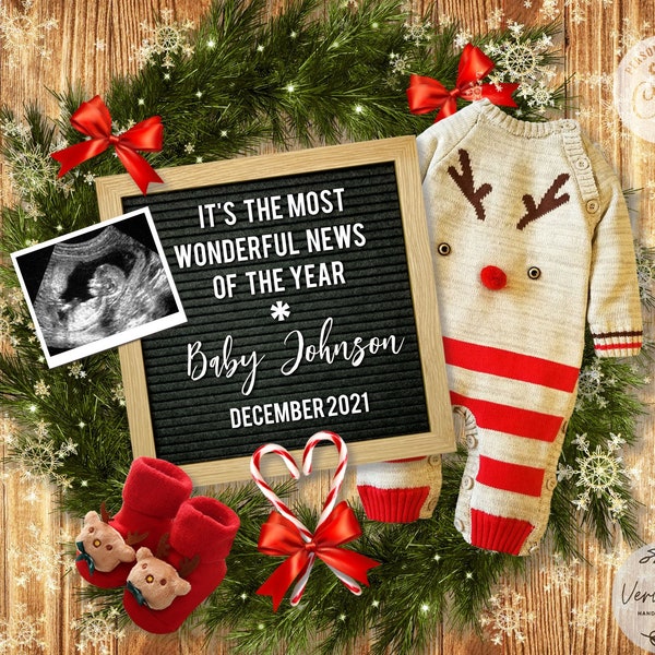 Editable Winter Pregnancy Announcement for Social Media, Xmas news, New Year Baby Deer December DIGITAL FORMAT Corjl template