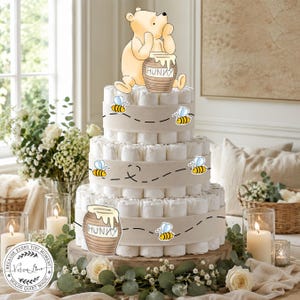 Klasyczny zestaw dekoracji na tort pieluszkowy z Kubusiem Puchatkiem, wycinanka, Baby Shower | Urodziny DIY, POBIERZ CYFROWO 0001