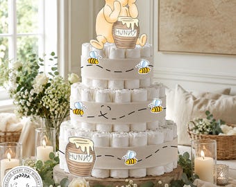 Décoration classique Winnie l'Ourson pour gâteau de couches : kit de découpe pour baby shower et anniversaire (téléchargement numérique 0001)