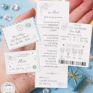 May include: A collection of Tooth Fairy items, including a receipt, certificate, and letter, all with a whimsical design. The items are light blue and white with star and fairy accents. The receipt is for one tooth.