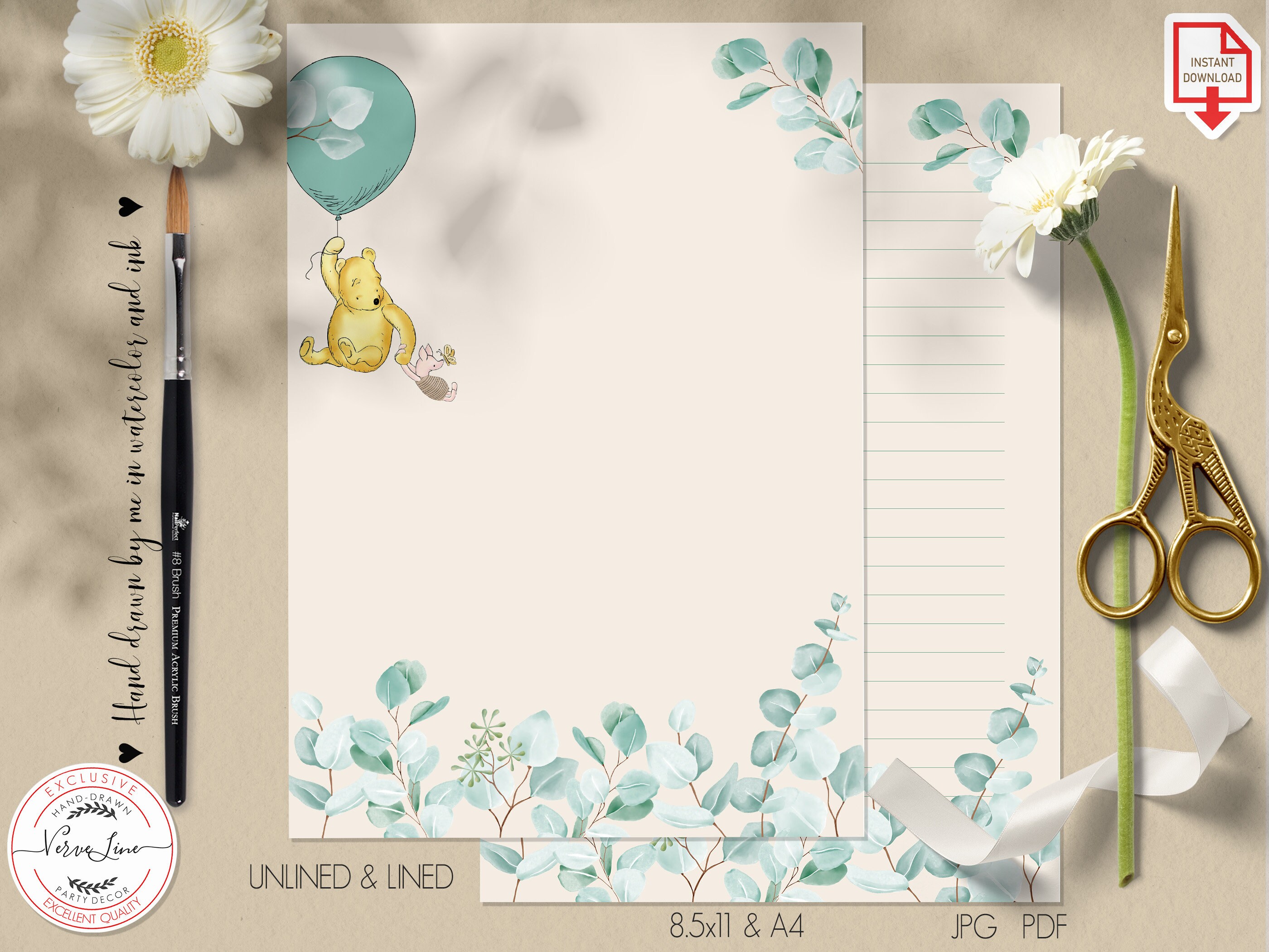 Classic Winnie the Pooh Printable Stationery Lined Unlined Paper ...