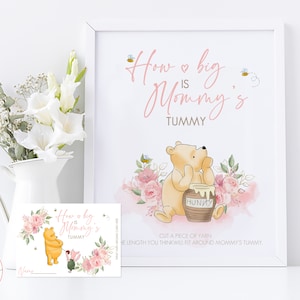 Qual é o tamanho da placa de jogo Mommy's Tummy Table para um chá de bebê clássico do Ursinho Pooh com cartões | Design de flores rosa | 0001.9