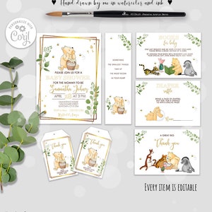 Classico set di Winnie the Pooh Baby Shower #2-1: invito modificabile, biglietto di ringraziamento, richiesta di libro di lotteria di pannolini, segnalibro 0001 EB2