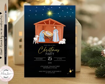 Editable Christmas Party Invitation  Printable Religious Christian Nativity Invite, Bible Verse Christian Holiday Gold splash Template 0023