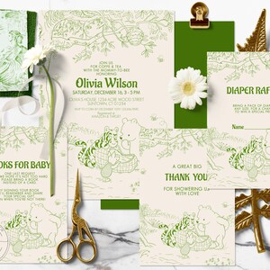 Classico Winnie the Pooh Baby Shower Bundle Set Emerald Toile de Jouy Design in stile Invito Biglietto di ringraziamento Pannolino Lotteria Prenota Richiesta 0001J