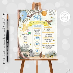 Editable Milestone Board Classic Winnie the Pooh 1st Birthday Boy Party Vintage Sky Design Digital Template Corjl 0001 BB