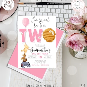 Bewerkbare uitnodiging Klassiek Winnie de Pooh tweede verjaardag meisje bijenkorf roze ontwerp 0001 BG