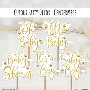 Adornos para tartas y centros de mesa con temática clásica de Winnie the Pooh para baby shower de niño. Letras doradas con abejas. DESCARGA DIGITAL 0001