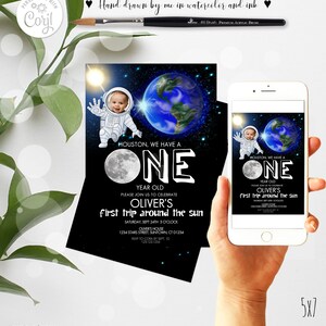 Editable Space 1 st Birthday Boy Girl  with your Photo Invitation #6 First Trip Around The Sun Astronaut Party Galaxy Space 0014