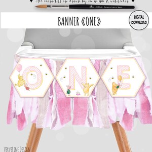 Banner ONE Classic Winnie the Pooh 1st Birthday Girl Party Chair Banner Pink Design DIY Digital 0001 BG