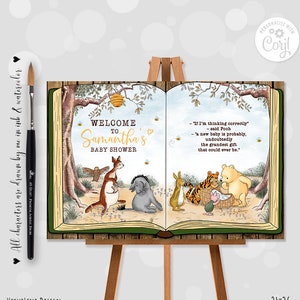 Op de afbeelding: Een welkomstbord voor een babyborrel met Winnie de Poeh-thema met een groen en bruin boekontwerp. Het bord bevat een citaat van Winnie de Poeh en de tekst "Welkom op Samantha's babyborrel".