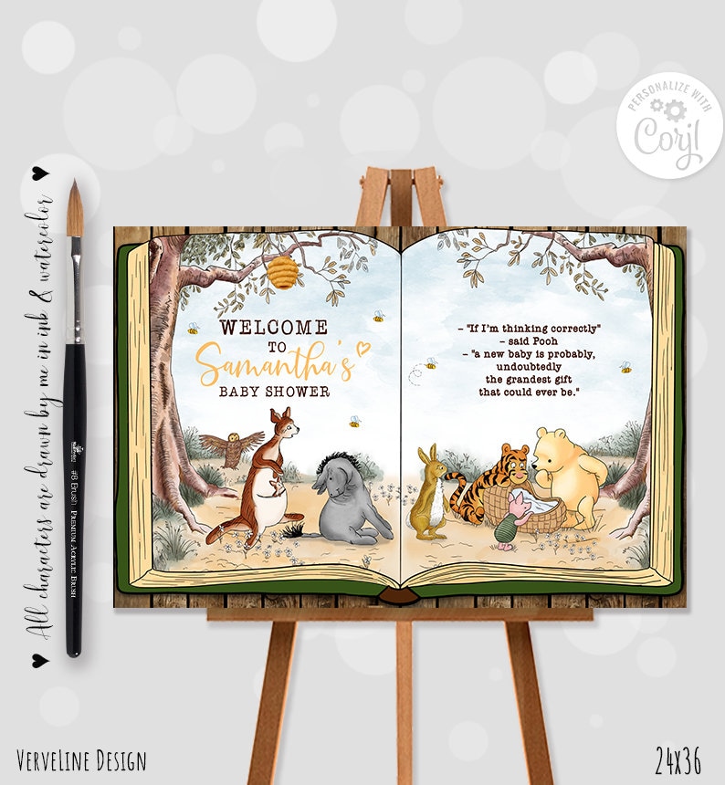 Op de afbeelding: Een welkomstbord voor een babyborrel met Winnie de Poeh-thema met een groen en bruin boekontwerp. Het bord bevat een citaat van Winnie de Poeh en de tekst "Welkom op Samantha's babyborrel".