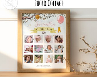 Editable Photo Collage 1st Year Girl Classic Winnie the Pooh  Hundred Acre Wood Design 0001
