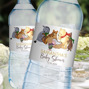 Etichette modificabili classiche per bottiglie d'acqua Winnie The Pooh, baby shower invernale, design invernale vintage con orso Pooh, download immediato 0001.15