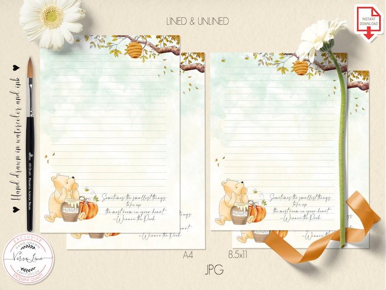Classic Winnie the Pooh Autumn Printable Stationery Lined Unlined Paper ...