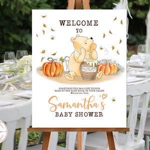 Editable Welcome sign Classic Winnie the Pooh Baby shower | Birthday Autumn Hundred Acre Wood Pumpkin Design  Digital 16x20 0001.11
