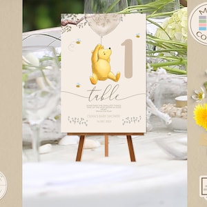 Número de mesa editável para um chá de bebê clássico com tema do Ursinho Pooh ou festa de aniversário para meninos e meninas | Design doce | DOWNLOAD DIGITAL 0001S