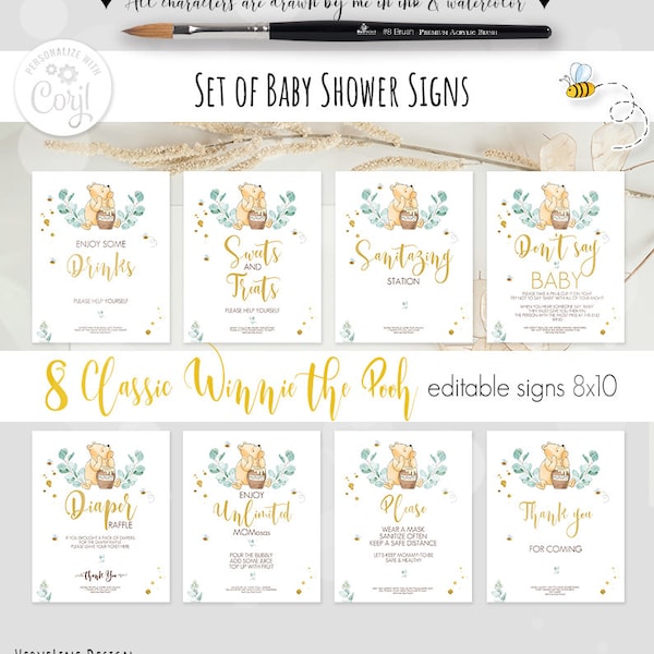 Classic Winnie the Pooh Baby Shower Set of 8 Editable Table Party Signs with Quote Eucalyptus Branch Design #6-2 Template Corjl 0001 EB1