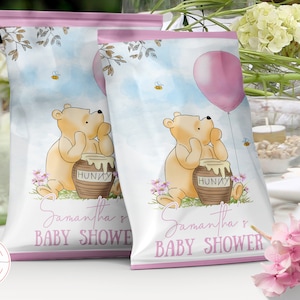 Bearbeitbare Chip Tasche für ein klassisches Winnie Pooh Baby Shower Girl | Dekor Snack Wrapper Bevorzugungen Digitale Beschriftung Vintage Bär Rosa Luftballon | 0001.8