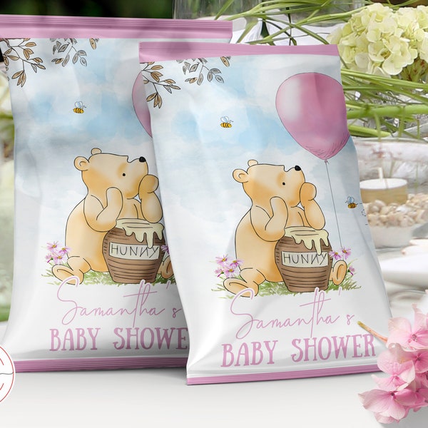 Bewerkbaar zakje voor een klassiek Winnie Pooh-babyshowermeisje | Decor Snackverpakking gunsten digitaal label vintage beer roze ballon | 0001.8