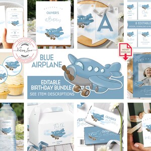 Geburtstagskind Bundle Blau Flugzeug Set Partyzubehör: Einladung Dekor Zeichen und mehr Aquarell Blau Flugzeug Design 0030