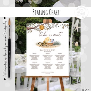 Stoelindeling Bewerkbaar bord Klassiek Winnie de Pooh Babyshower Babyjongen meisje Winnie en vrienden met baby in mand Sjabloon 0001 HAW