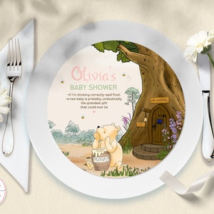 Bewerkbare klassieke Winnie de Pooh baby shower oplader plaat invoegen Instant download decor hand getrokken ontwerp honderd hectare hout2 0001 W2