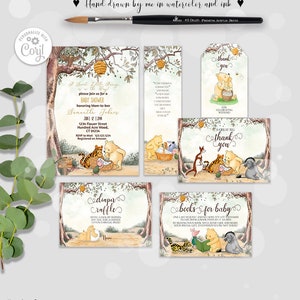 Set modificabile classico Winnie the Pooh Baby Shower Bundle #1: invito, biglietto di ringraziamento, lotteria dei pannolini, richiesta di libri, segnalibro 0001 HAW