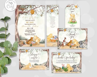 Editable Classic Winnie the Pooh  Baby Shower Bundle Set#1: Invitation, Thank You Card, Diaper Raffle, Book Request, Bookmark 0001 HAW