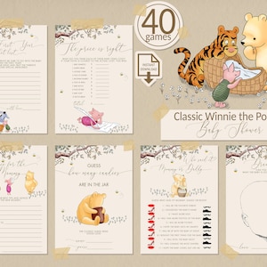 Lot de 40 jeux pour une baby shower dans un style Winnie l'ourson | Carte imprimable Ours vintage classique Modifiable Garçon Fille Numérique | 0001S