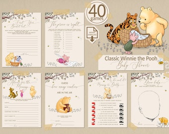 40 Games for a Baby Shower Bundle in a Winnie the Pooh style | Printable Card Classic Vintage Bear Editable Boy Girl Digital | 0001S