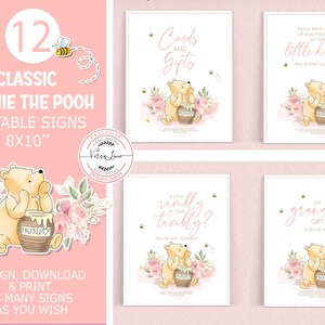 Set di 12 cartelli modificabili in stile classico Winnie the Pooh per baby shower o feste di compleanno / cartelli da tavolo, design rosa / 0001.9
